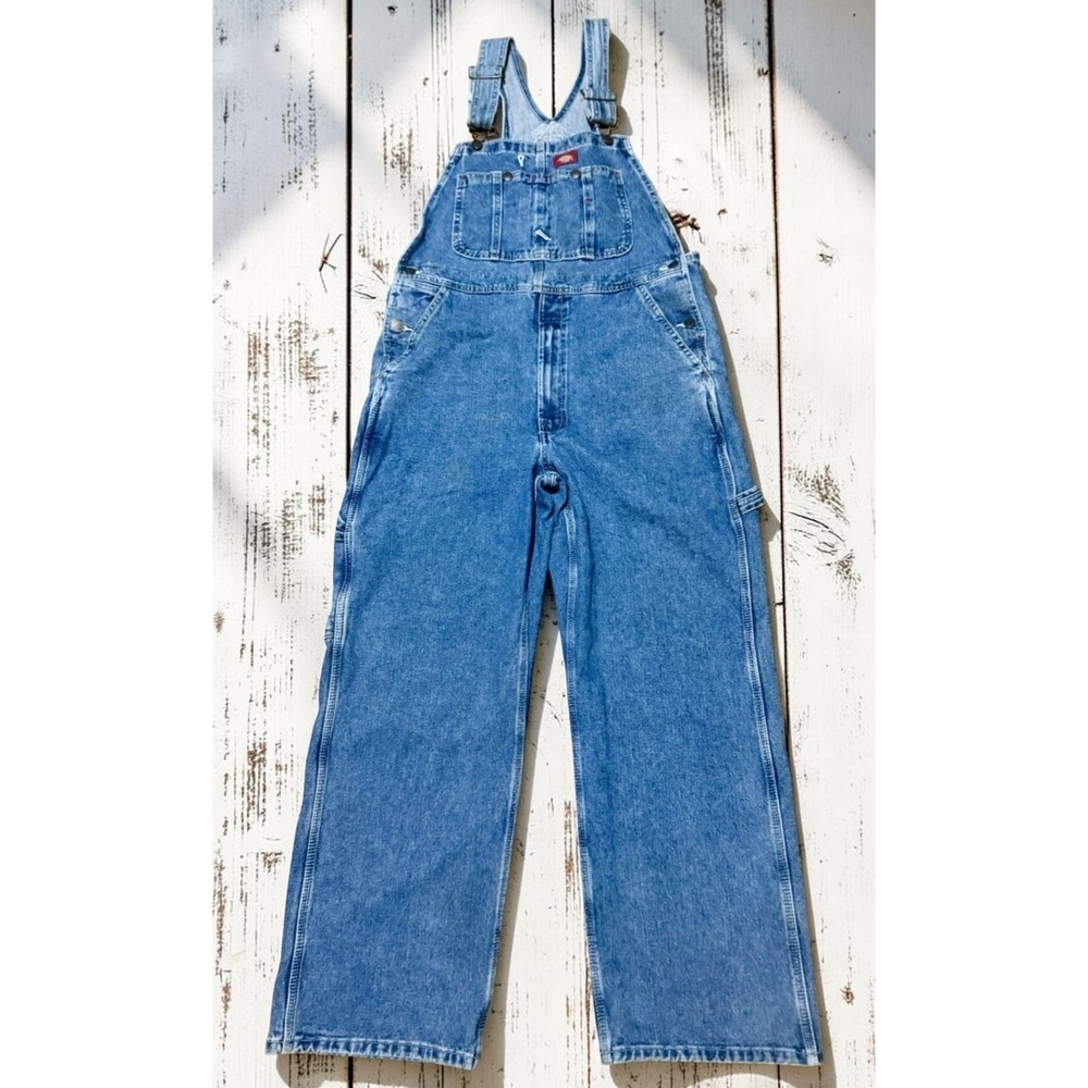 Dickies Mens Denim Bib Overalls 32x30 Blue Jean Carpenter Utility Workwear VGUC